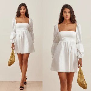 Reformation Michaela Mini Baby Doll Dress Sz 10 White Double Puff Sleeves